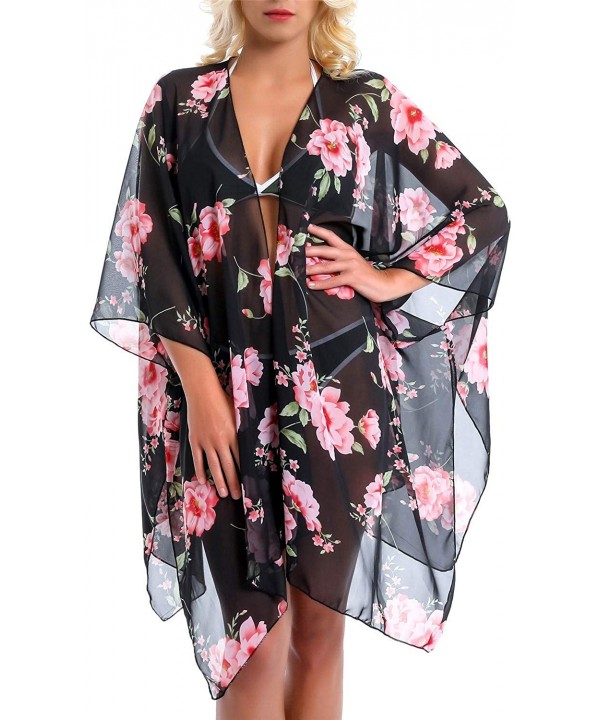 Cover Up for Swimwear Women Floral Kimono Cardigan Shawl Half Sleeve Chiffon Summer Beach Bikini Blouse - Black - CP18Y2SOOW6...