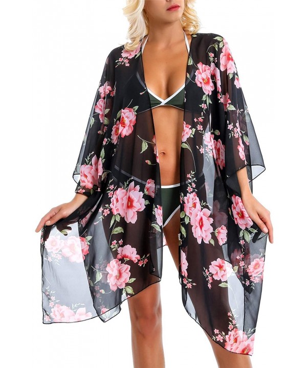 Cover Up for Swimwear Women Floral Kimono Cardigan Shawl Half Sleeve Chiffon Summer Beach Bikini Blouse - Black - CP18Y2SOOW6...