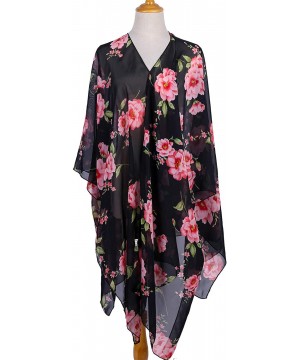 Cover Up for Swimwear Women Floral Kimono Cardigan Shawl Half Sleeve Chiffon Summer Beach Bikini Blouse - Black - CP18Y2SOOW6...