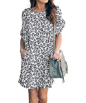 Women Waffle Knit Tunic Dress Casual Summer Short Sleeve Loose Dress Cover Up Beach Dress with Pocket Leopard White - CO19CKM...