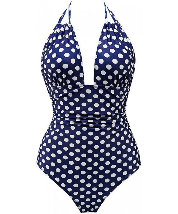 Women One Piece V Neck Swimsuits Tummy Control Swimwear Slimming Monokini Bathing Suits Backless - Navy Dot - CY18TR9EG6S $29...