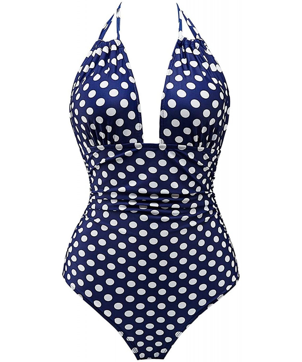 Women One Piece V Neck Swimsuits Tummy Control Swimwear Slimming Monokini Bathing Suits Backless - Navy Dot - CY18TR9EG6S $29...