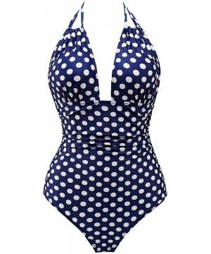 Women One Piece V Neck Swimsuits Tummy Control Swimwear Slimming Monokini Bathing Suits Backless - Navy Dot - CY18TR9EG6S $29...