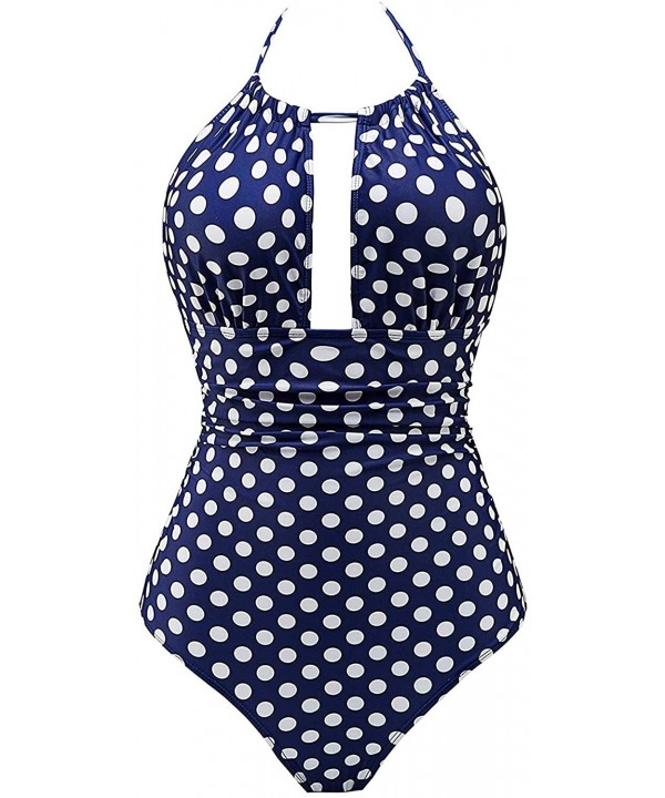 Women One Piece V Neck Swimsuits Tummy Control Swimwear Slimming Monokini Bathing Suits Backless - Navy Dot - CY18TR9EG6S $29...