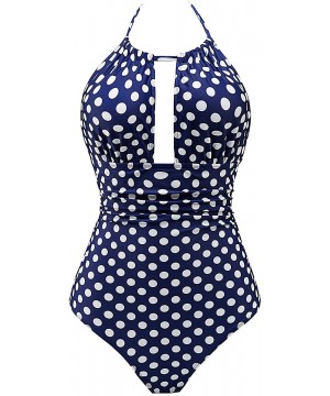 Women One Piece V Neck Swimsuits Tummy Control Swimwear Slimming Monokini Bathing Suits Backless - Navy Dot - CY18TR9EG6S $29...