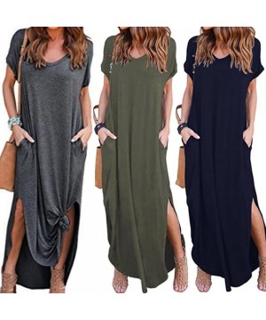 Maxi Dresses for Women Plus Size- Women's Casual Summer Loose Pocket Floral Print Long Dress Short Sleeve Split Maxi Dresses ...