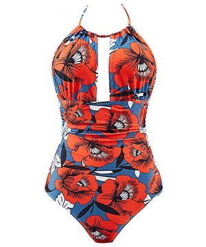 Swimsuits for Women Tummy Control- Women Sexy One Piece Swimsuit Floral Print Swimwear V Neck Bathing Suit - Red - CL195HWDN6...