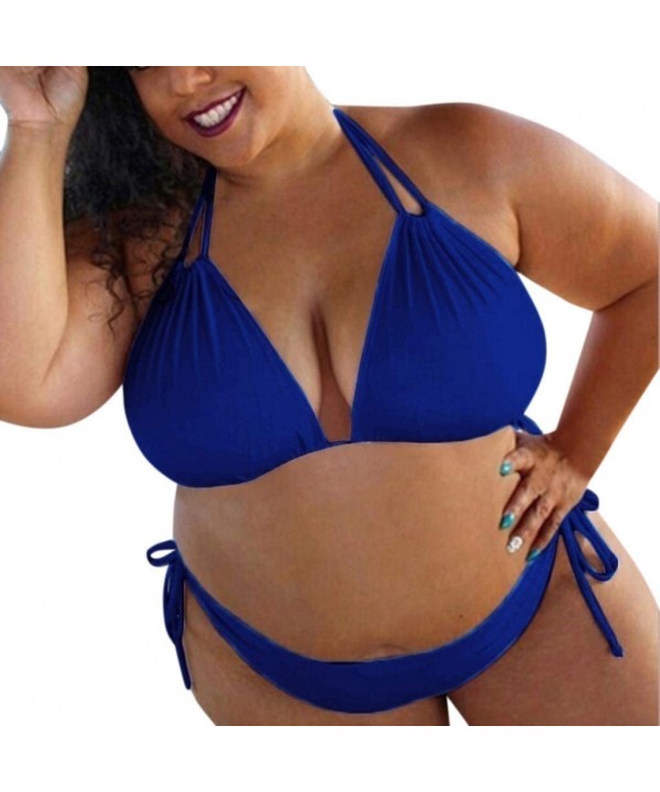 Womens Plus Size Bathing Suits Swim Bottoms Padded Halter Bandage Bikini Two Piece Swimsuits - Blue - CE18T2UII88 $16.27-Sets