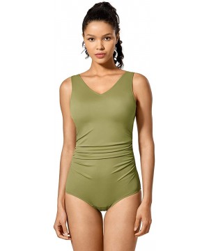 Women's Sport Shirred Plus Size Bathing Suits Athletic One Piece Swimsuit - Bamboo Green - C0194ZWXTCM $22.54-Racing