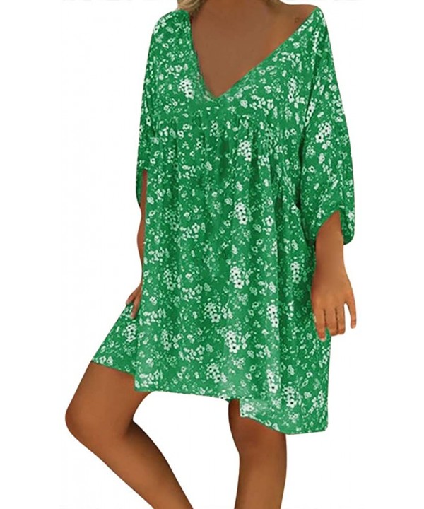 Women Casual Loose Dresses- Summer Style Tops Feminino Vestido Shirt V-Neck Bohemian Print Plus Size Wear - Green - CB18RG8ZA...