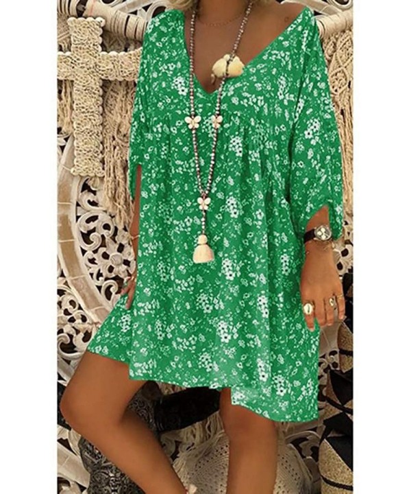 Women Casual Loose Dresses- Summer Style Tops Feminino Vestido Shirt V-Neck Bohemian Print Plus Size Wear - Green - CB18RG8ZA...