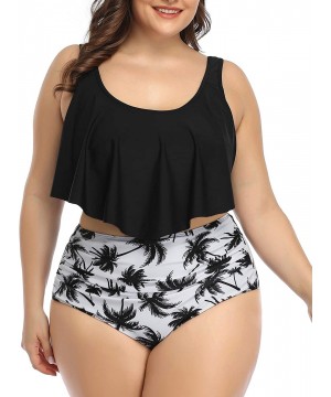 Women Plus Size High Waisted Two Piece Bikini Set Ruffle Swimsuit Bathing Suits - Black Leaf - CQ18XOHTWD6 $28.29-Sets