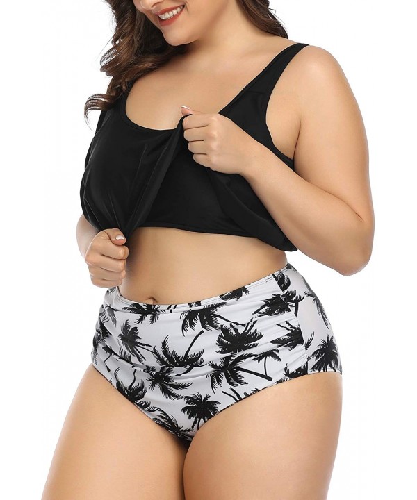 Women Plus Size High Waisted Two Piece Bikini Set Ruffle Swimsuit Bathing Suits - Black Leaf - CQ18XOHTWD6 $28.29-Sets