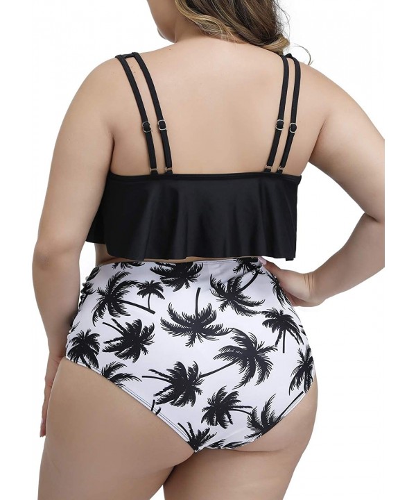 Women Plus Size High Waisted Two Piece Bikini Set Ruffle Swimsuit Bathing Suits - Black Leaf - CQ18XOHTWD6 $28.29-Sets