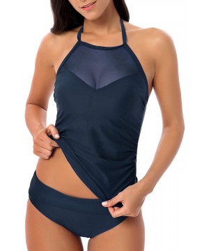 Women's Sexy Two Piece Bathing Suits Ruched Halter Mesh Tankini Swimsuits - Navy - CP18T72H4NC $23.31-Sets