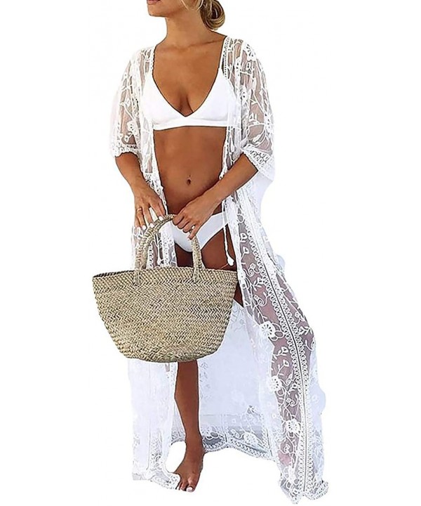 Womens Long Lace Kimono Cover up Swimwear Beach Robe Dress Sexy See Through Open Front Cardigan - White a - CA18XS6CWHA $21.5...