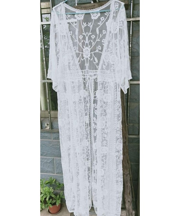 Womens Long Lace Kimono Cover up Swimwear Beach Robe Dress Sexy See Through Open Front Cardigan - White a - CA18XS6CWHA $21.5...