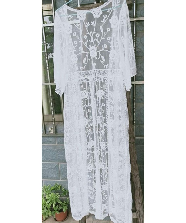 Womens Long Lace Kimono Cover up Swimwear Beach Robe Dress Sexy See Through Open Front Cardigan - White a - CA18XS6CWHA $21.5...