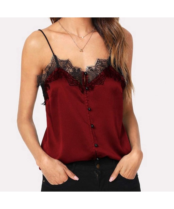 Camis for Women Sleeveless Blouse Eyelash Lace Camisole Button Down Blouse Solid Shirt Sexy Tee Womens Tops Wine - CP18Q3DOR3...