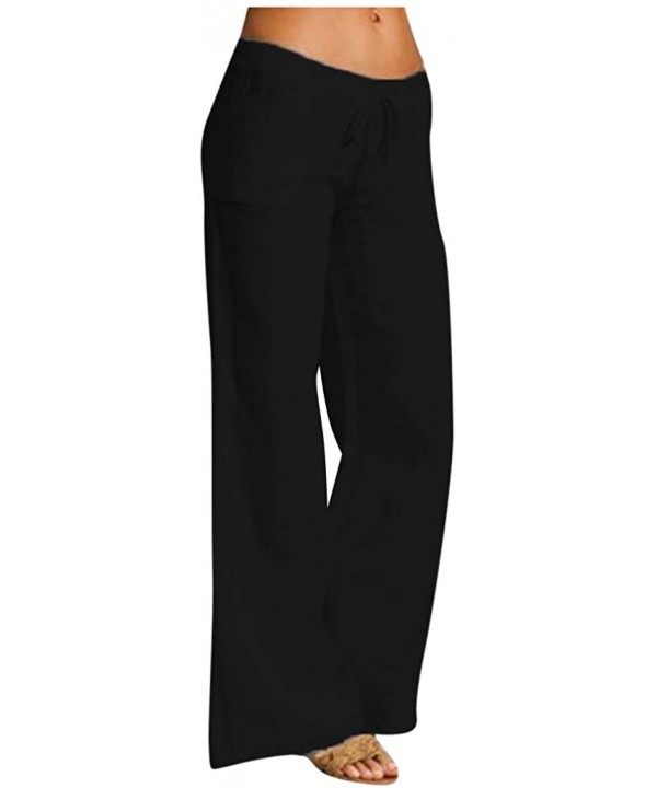 Women Casual Solid Cotton Linen Elastic Waist Drawstring Long Wide Leg Pants - Black - C6199CSYR6H $36.51-Sets