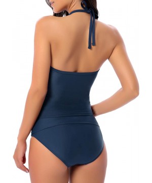 Women's Sexy Two Piece Bathing Suits Ruched Halter Mesh Tankini Swimsuits - Navy - CP18T72H4NC $23.31-Sets