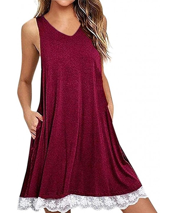 Women Summer Casual T Shirt Dresses Beach Cover up Plain Dress Loose Swing Dress Pockets - G_red - CQ1959NMRCS $14.05-Cover-Ups