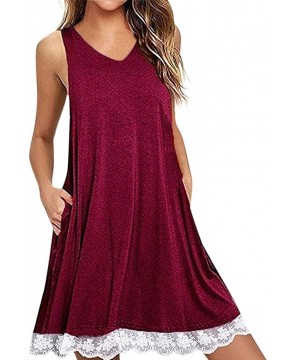 Women Summer Casual T Shirt Dresses Beach Cover up Plain Dress Loose Swing Dress Pockets - G_red - CQ1959NMRCS $14.05-Cover-Ups