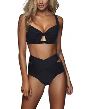 Women's Sexy Criss Cross High Waist Bandage 2PCS Bikini Set Swimsuit - Black - C318NUKX0AL $10.49-Sets