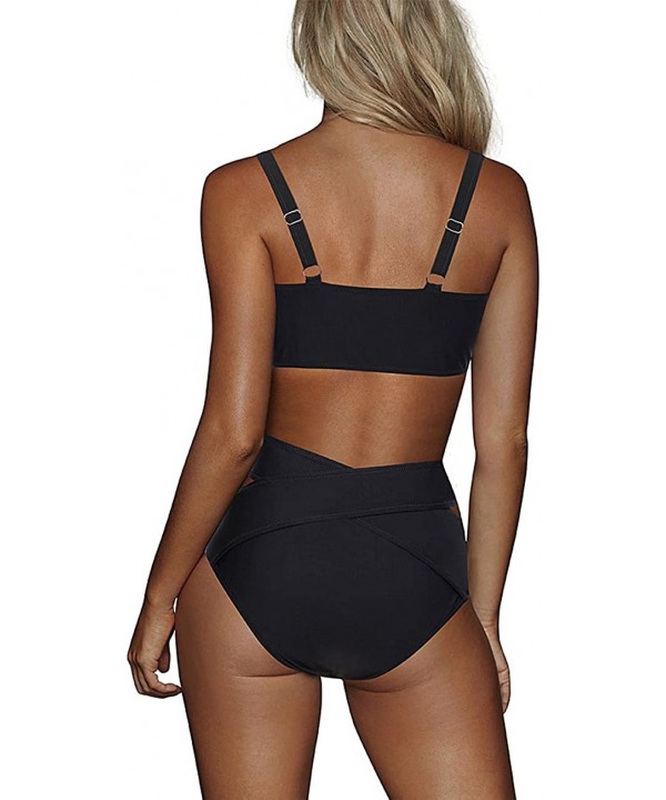 Women's Sexy Criss Cross High Waist Bandage 2PCS Bikini Set Swimsuit - Black - C318NUKX0AL $10.49-Sets