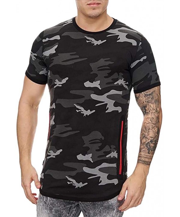 Men's Camouflage Pattern Print Top Casual O-neck Short Sleeve T-Shirt Fashion Slim Pullover With Zipper - Black - CI195D4UCII...