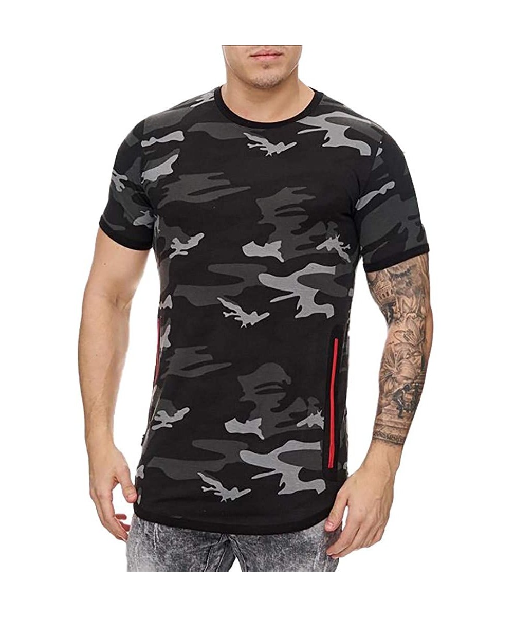 Men's Camouflage Pattern Print Top Casual O-neck Short Sleeve T-Shirt Fashion Slim Pullover With Zipper - Black - CI195D4UCII...