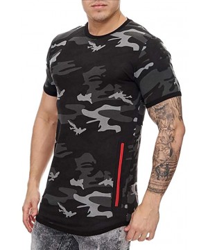 Men's Camouflage Pattern Print Top Casual O-neck Short Sleeve T-Shirt Fashion Slim Pullover With Zipper - Black - CI195D4UCII...