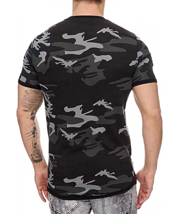 Men's Camouflage Pattern Print Top Casual O-neck Short Sleeve T-Shirt Fashion Slim Pullover With Zipper - Black - CI195D4UCII...