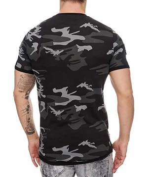 Men's Camouflage Pattern Print Top Casual O-neck Short Sleeve T-Shirt Fashion Slim Pullover With Zipper - Black - CI195D4UCII...