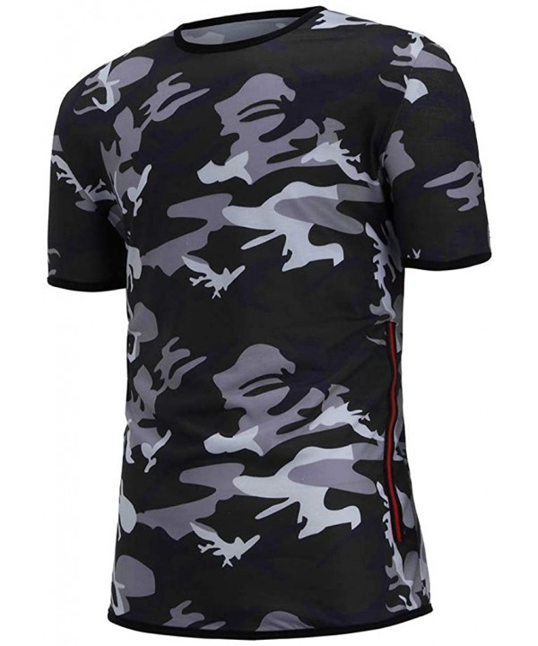 Men's Camouflage Pattern Print Top Casual O-neck Short Sleeve T-Shirt Fashion Slim Pullover With Zipper - Black - CI195D4UCII...