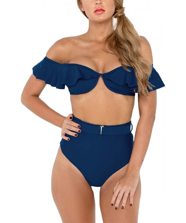 Women's Off The Shoulder Ruffle High Waist Two Piece Swimsuit Bikini Set - Navy - CS18QHZ75RX $22.78-Sets