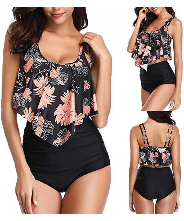 Two Piece Swimsuits for Women Plus Size Sexy Backless Halter Floral Printed Swimwear Set - Black-1 - CX195NIHSHU $12.90-Sets