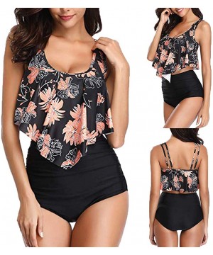 Two Piece Swimsuits for Women Plus Size Sexy Backless Halter Floral Printed Swimwear Set - Black-1 - CX195NIHSHU $12.90-Sets