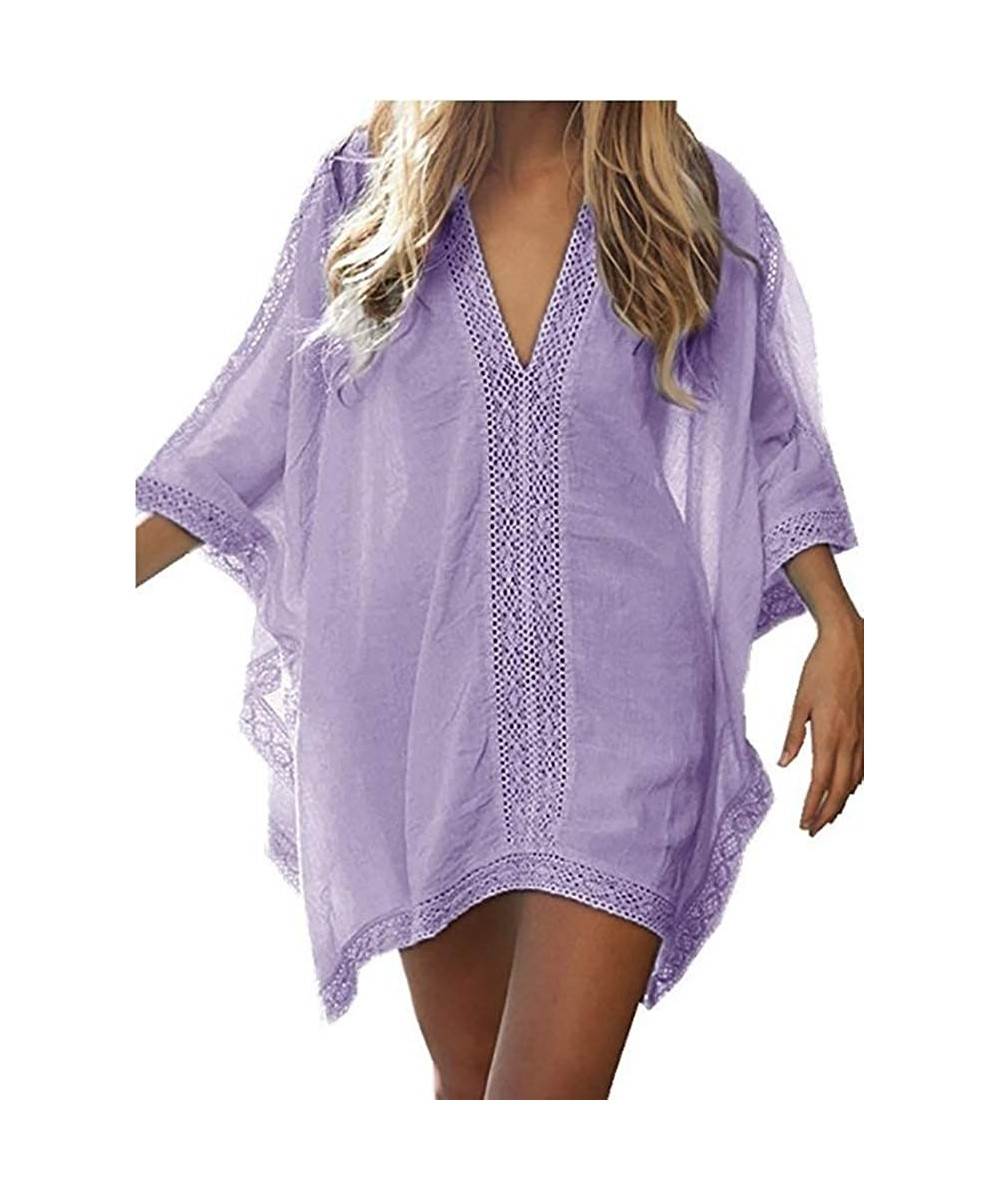 Women's Loose Pure Beach Bikini Swimwear Cover Up Croche Dress - Purple - CH18SWDIQ5W $14.56-Cover-Ups