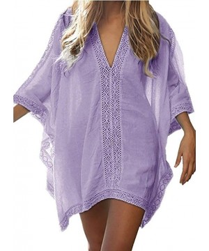 Women's Loose Pure Beach Bikini Swimwear Cover Up Croche Dress - Purple - CH18SWDIQ5W $14.56-Cover-Ups