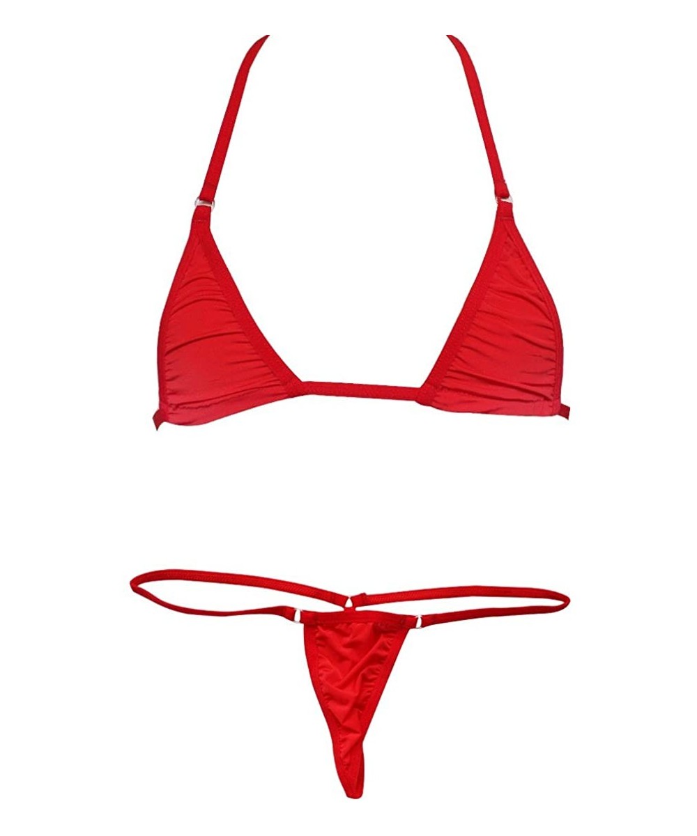 Women's Brazilian Bikini 2 Pieces Halter Sliding Bra Top G-String Thong Set Micro Swimsuit - Red - CP196ATTT3I $9.94-Sets