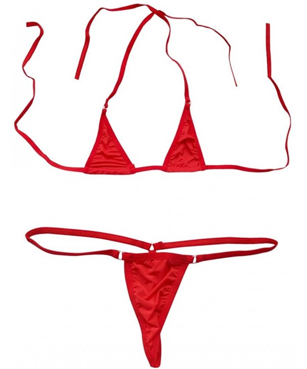 Women's Brazilian Bikini 2 Pieces Halter Sliding Bra Top G-String Thong Set Micro Swimsuit - Red - CP196ATTT3I $9.94-Sets