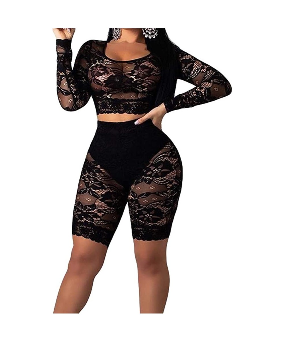 Women Sexy Mesh Bodycon Leotard Romper Crew Neck 2 Piece Jumpsuit Playsuit Bikini Cover Up Lingerie Set Black Lace - CI18RRSG...