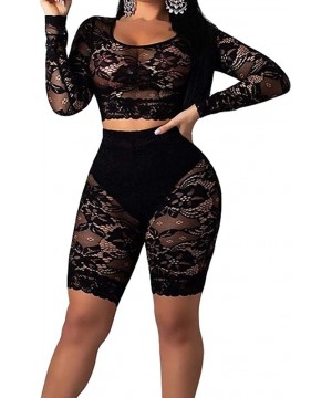 Women Sexy Mesh Bodycon Leotard Romper Crew Neck 2 Piece Jumpsuit Playsuit Bikini Cover Up Lingerie Set Black Lace - CI18RRSG...