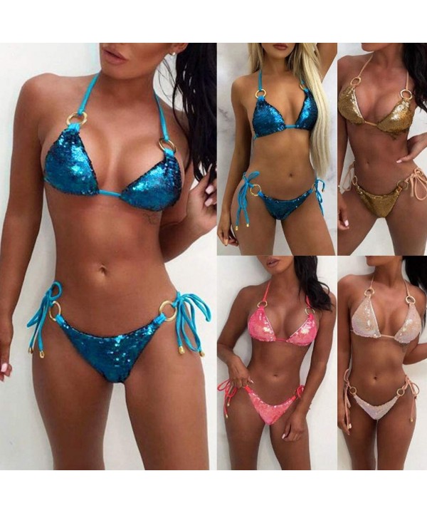 Women Two Piece Swimsuit Sexy Sequin Rhinestone Crystal Diamond Push-up Bikini Set Swimwear - Pink - CU18UNAHO5E $29.85-Sets