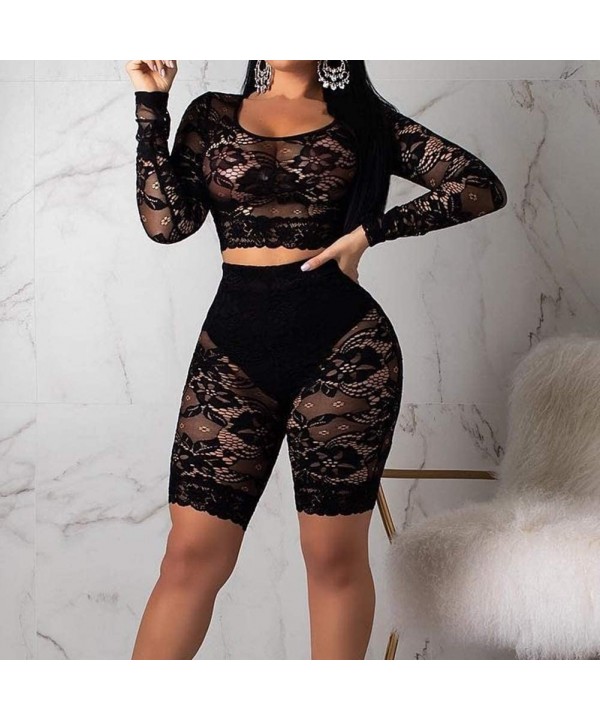 Women Sexy Mesh Bodycon Leotard Romper Crew Neck 2 Piece Jumpsuit Playsuit Bikini Cover Up Lingerie Set Black Lace - CI18RRSG...