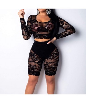 Women Sexy Mesh Bodycon Leotard Romper Crew Neck 2 Piece Jumpsuit Playsuit Bikini Cover Up Lingerie Set Black Lace - CI18RRSG...