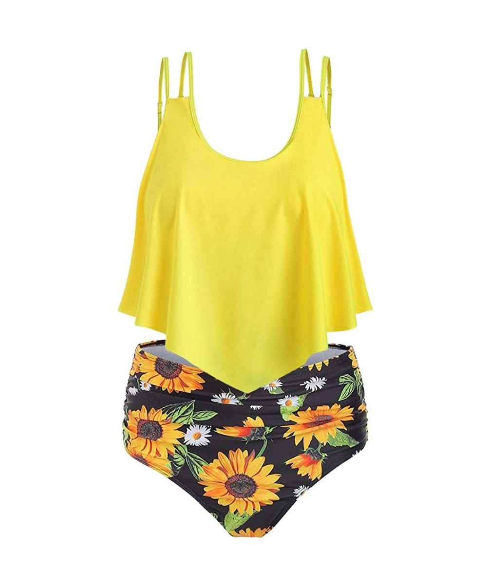 Women's High Waisted Sunflower Print Ruffle Bikini Swimsuit Set Tankini Flounce Two Pieces Bathing Suits with Underwire - Yel...