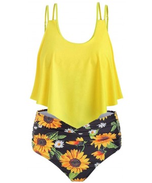 Women's High Waisted Sunflower Print Ruffle Bikini Swimsuit Set Tankini Flounce Two Pieces Bathing Suits with Underwire - Yel...