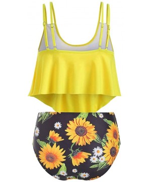 Women's High Waisted Sunflower Print Ruffle Bikini Swimsuit Set Tankini Flounce Two Pieces Bathing Suits with Underwire - Yel...